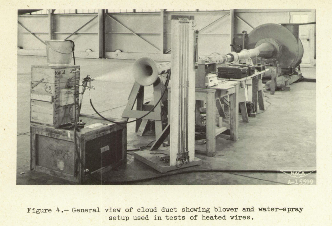 Figure 4 from NACA-TN-2615. General view of cloud duct showing blower and water-spray setup used in tests of heated wires.